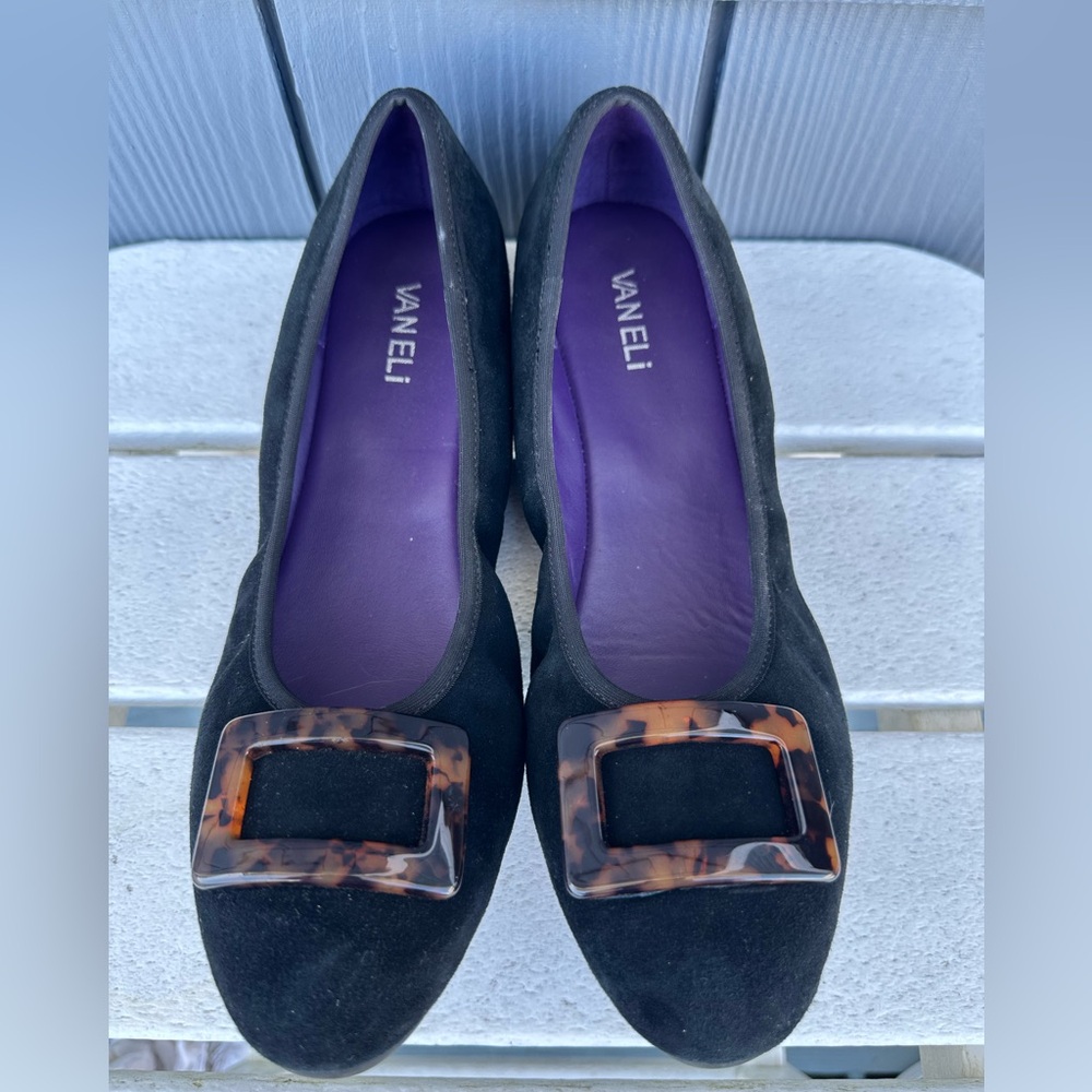 Vaneli Black Suede Flats with Tortoiseshell Buckle